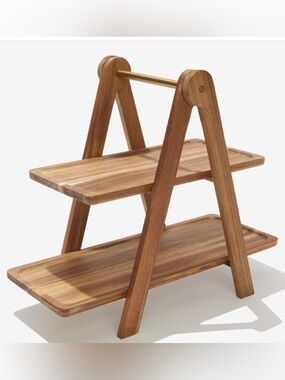 Two-Tier Wooden Serving Stand with Brass Handle - Natural Brown